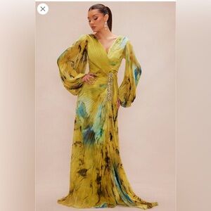 Fashion Nova Yellow and Blue Long Sleeve Dress